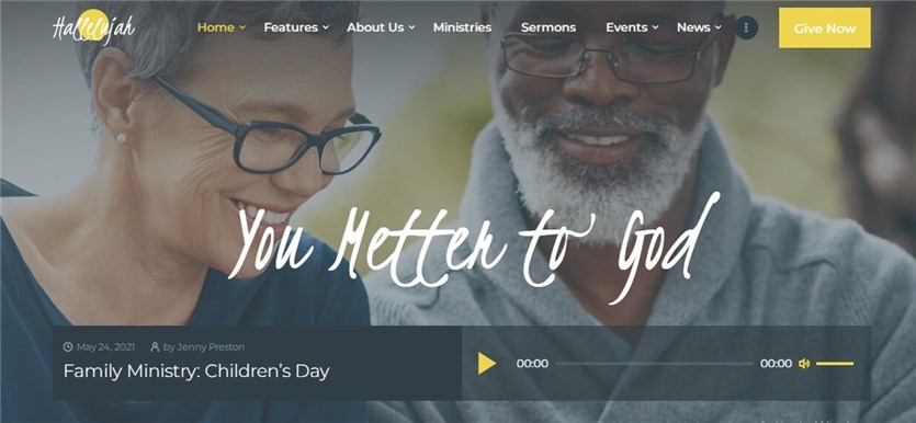 Screenshot of the Hallelujah church event WordPress theme demo page.
