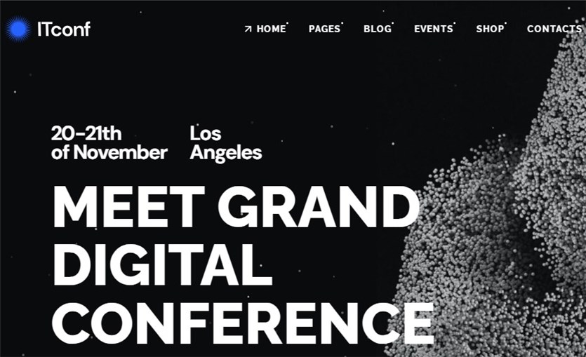 Screenshot of the ITconf WordPress themes for digital conference websites in white and black colors.