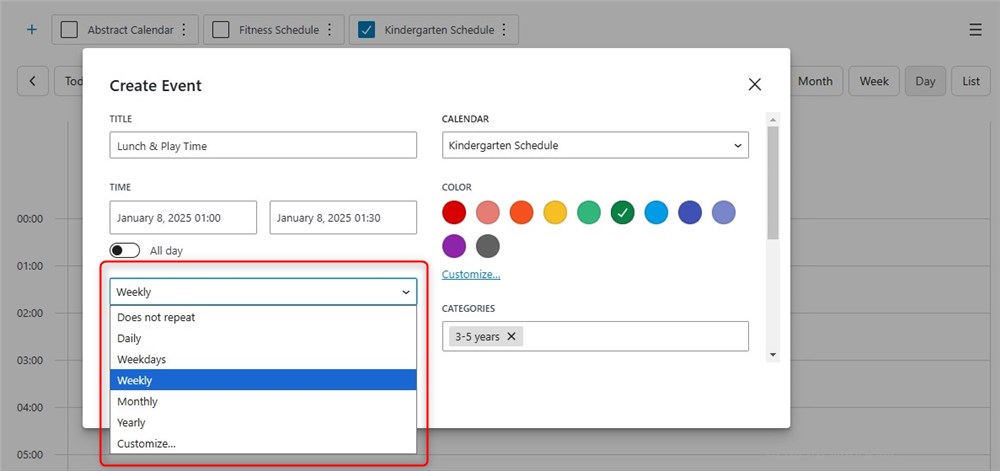 Screenshot of the recurring events menu in the MotoPress Events Calendar plugin for WordPress.