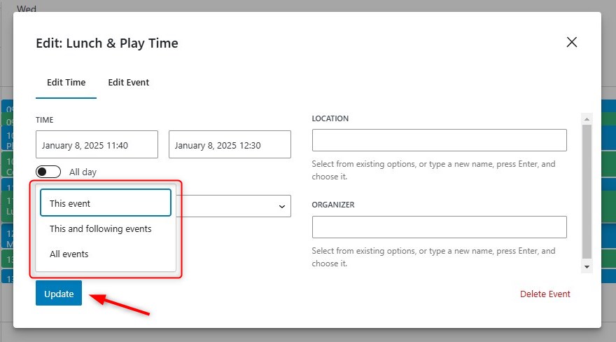 Screenshot of the Update event menu for WordPress recurring events.
