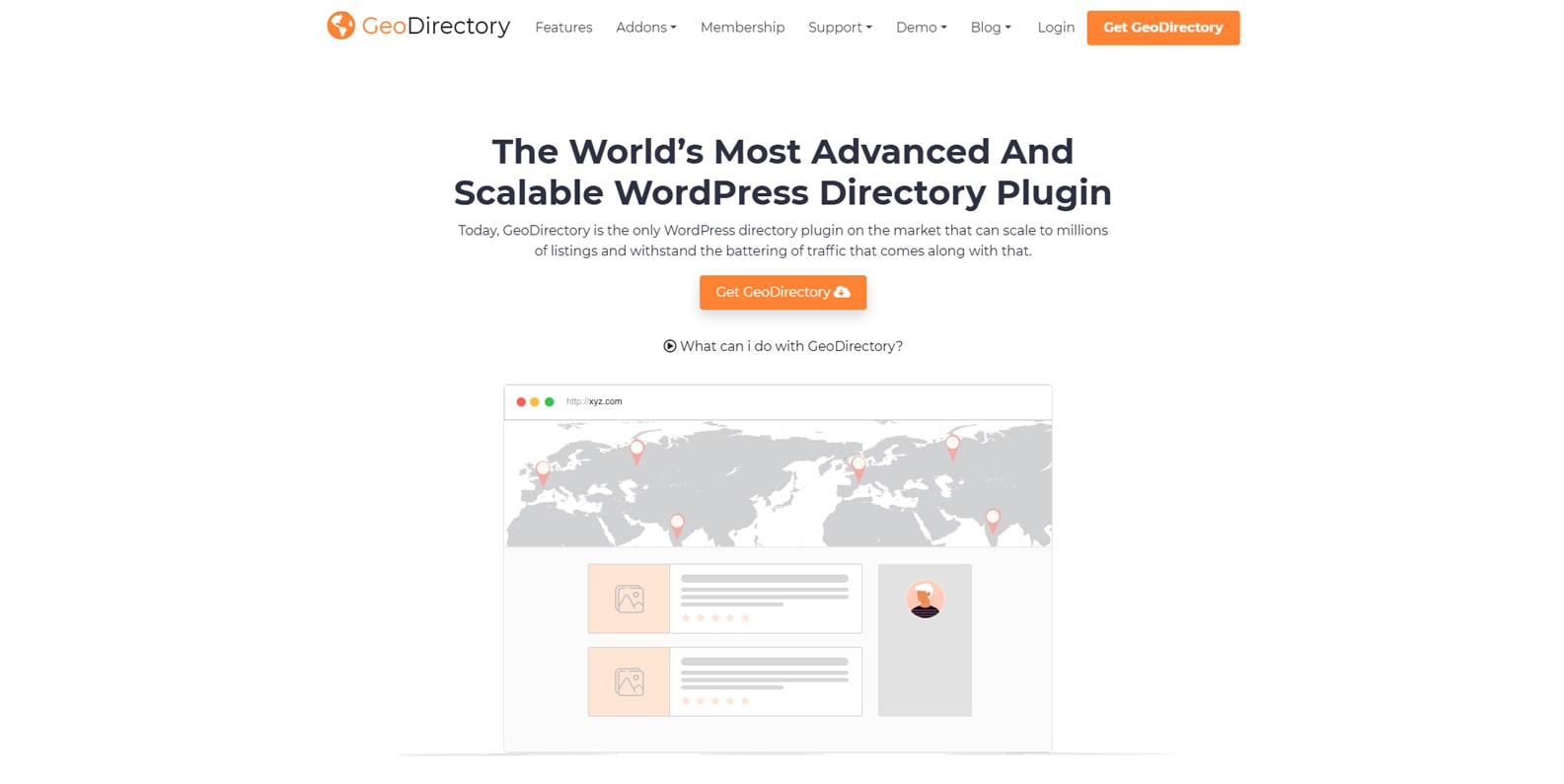 Graphic of GeoDirectory, a leading directory plugin for WordPress with 40+ widgets, shortcodes, and blocks.