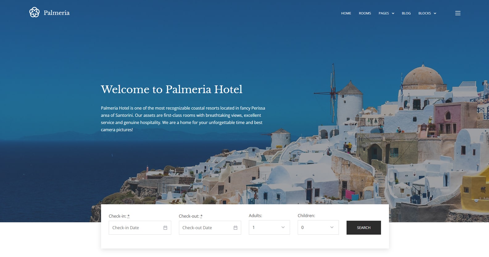 Graphic of Palmeria, a free hotel theme for WordPress with an image-rich & responsive page layout.