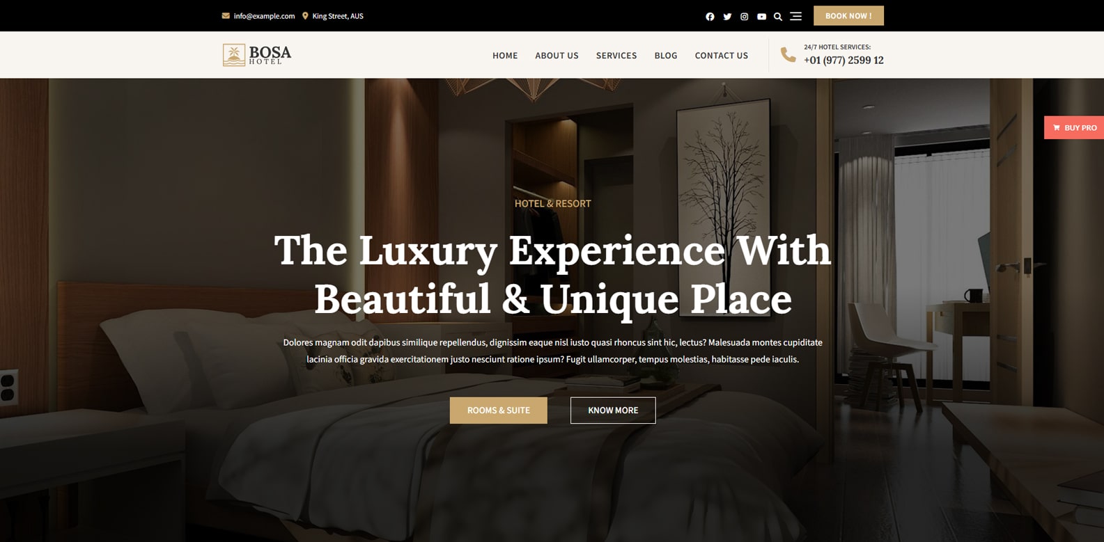 Representation of Bosa Hotel, a responsive solution for hotel WordPress website with multiple header and footer layouts.