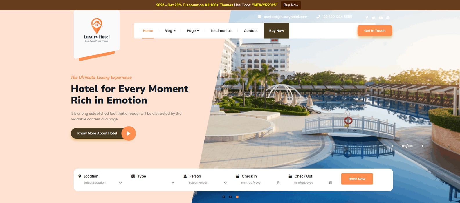 Graphic of Luxury Hotels, one of the hotel booking WordPress themes with a fully customizable design.