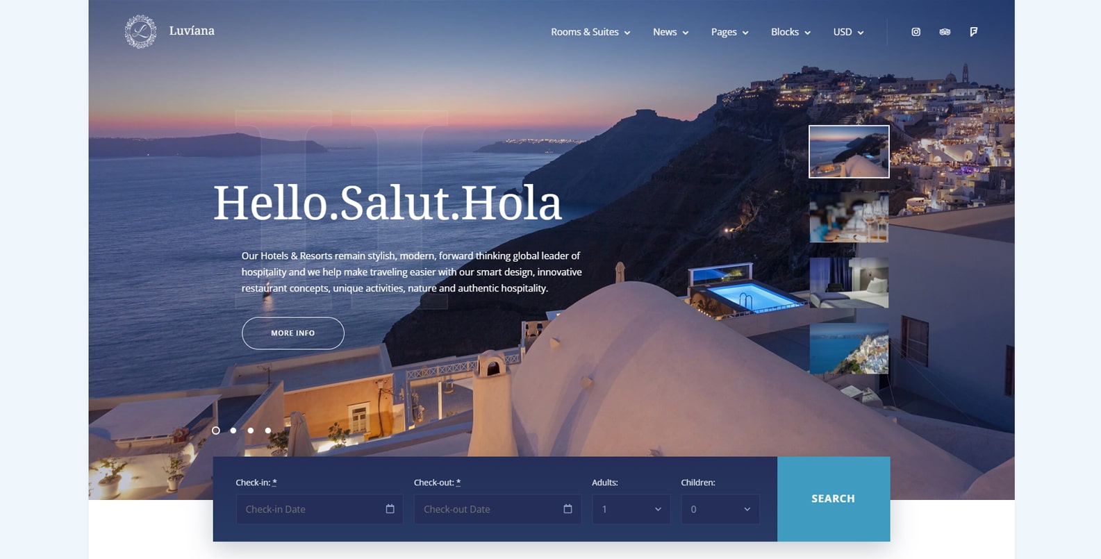 Visual of Luviana, a modern hotel WordPress design with over 30 ready-made Gutenberg blocks.