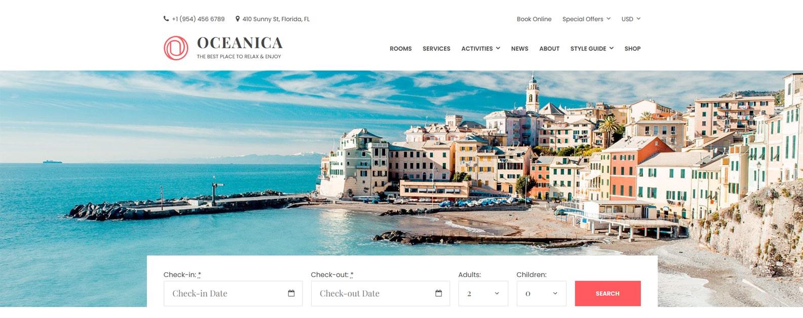 Portrait of Oceanica, one of the hotel booking WordPress themes with seasonal pricing.