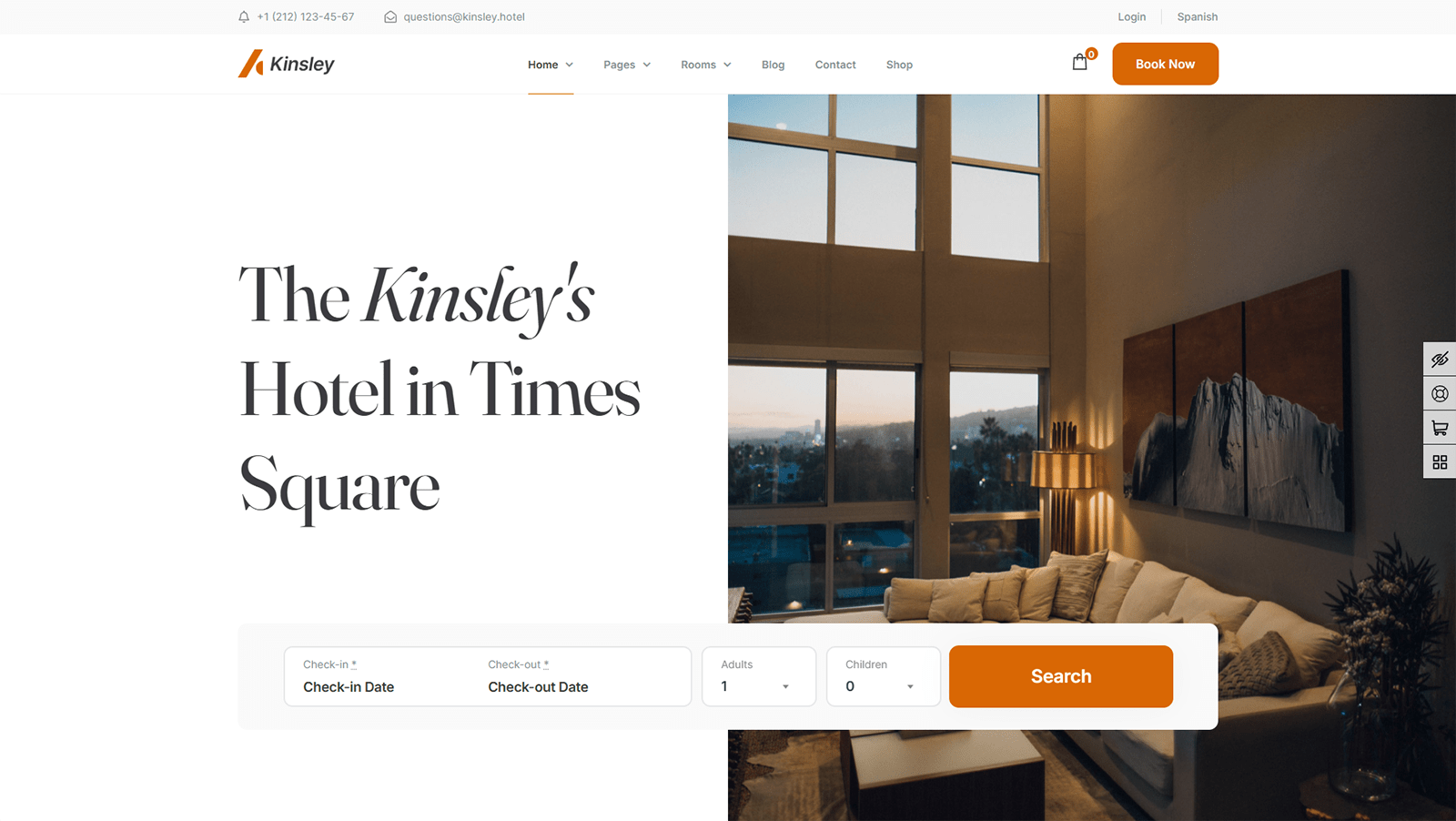 Snapshot of Kinsley, a popular solution for hotel website design with an integrated hotel booking system.