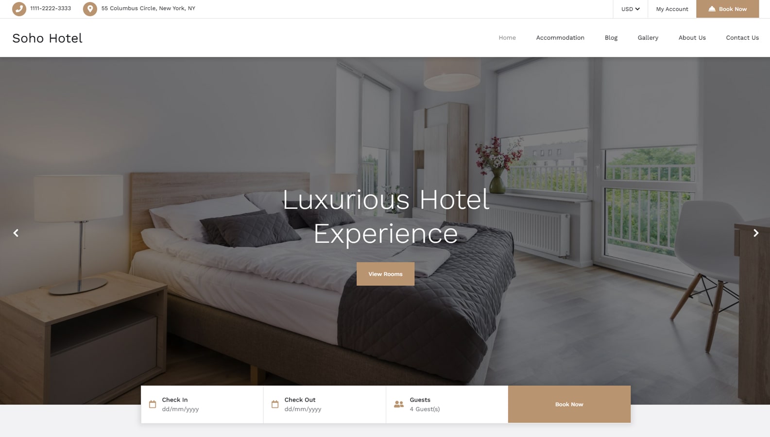 View of Soho Hotel, one of the hotel booking WordPress themes with email notifications support.