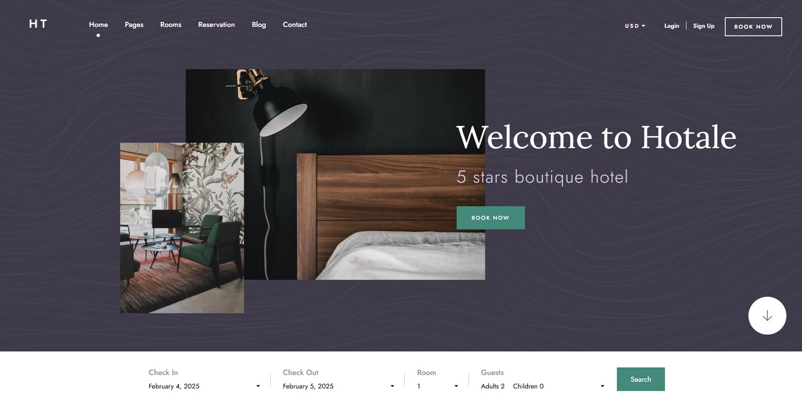 Image of Hotale, one of the hotel booking WordPress themes with online payment support.