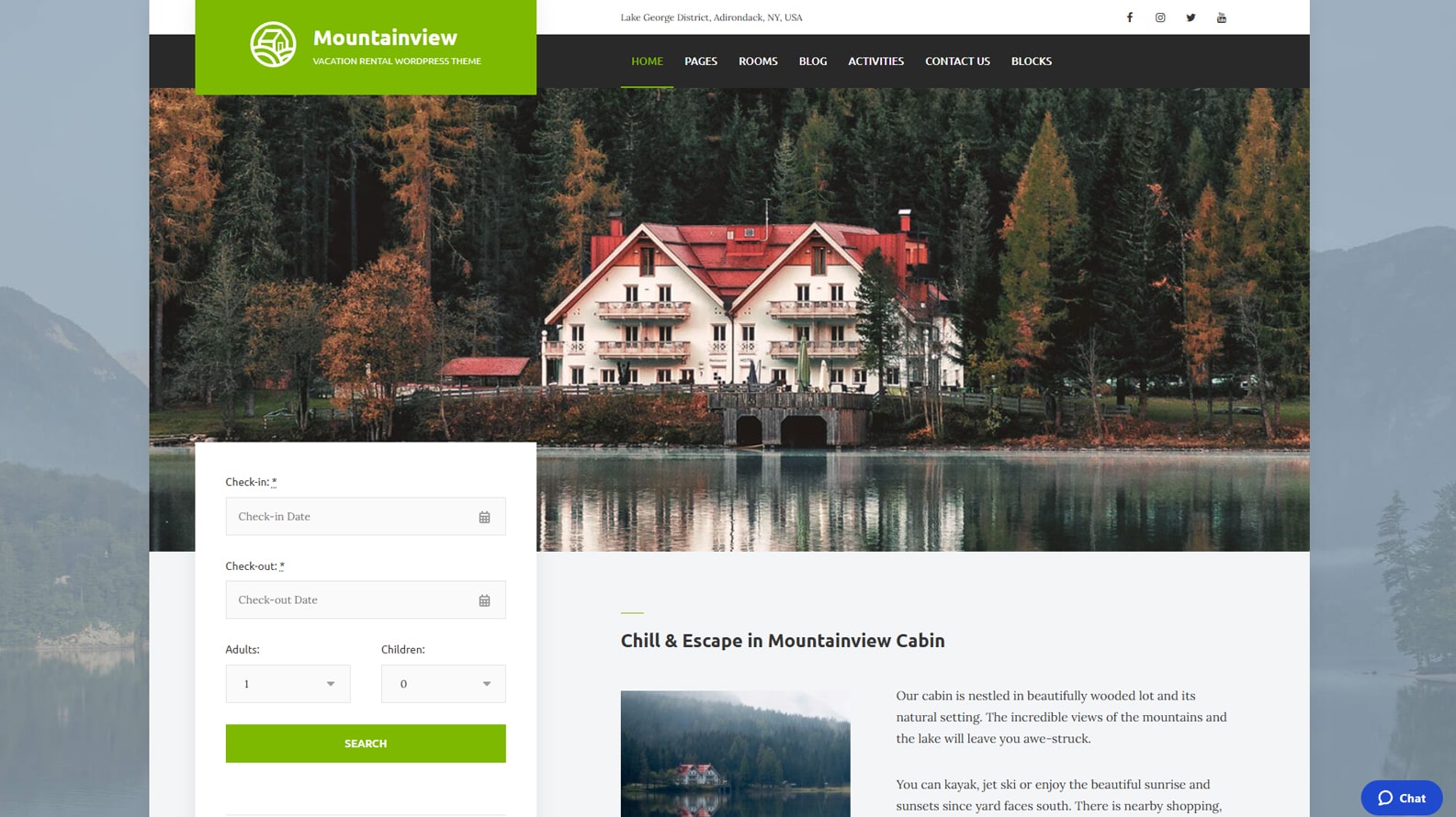 Graphic of Mountainview, one of the hotel booking WordPress themes with weekly and monthly rental rates.