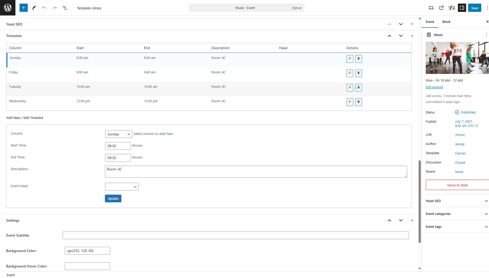 Representation of configuring an event using the MotoPress timetable plugin.