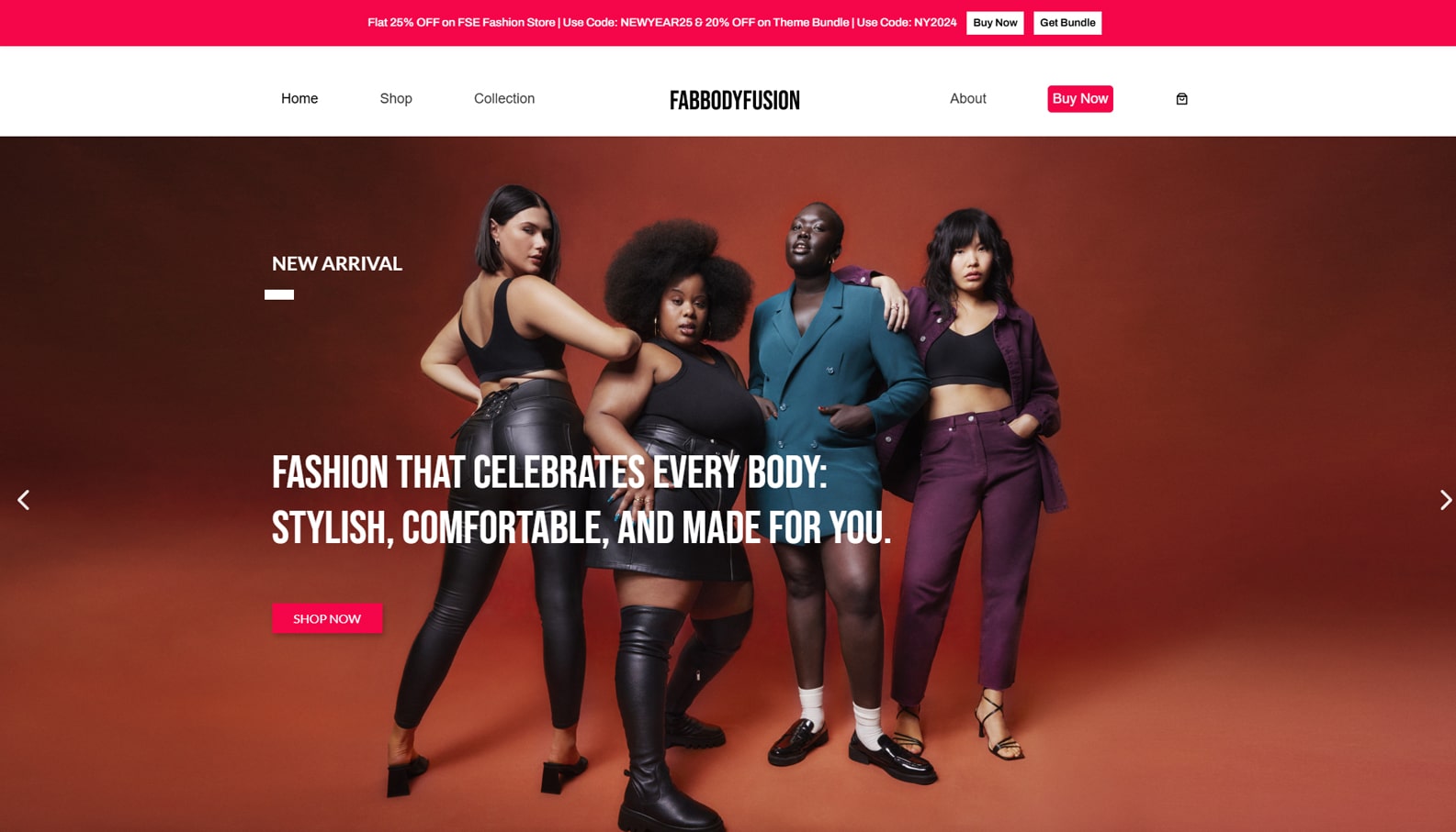 Representation of FSE Fashion Store, a free full-site editing fashion store theme for WordPress with 3 pre-designed pages.