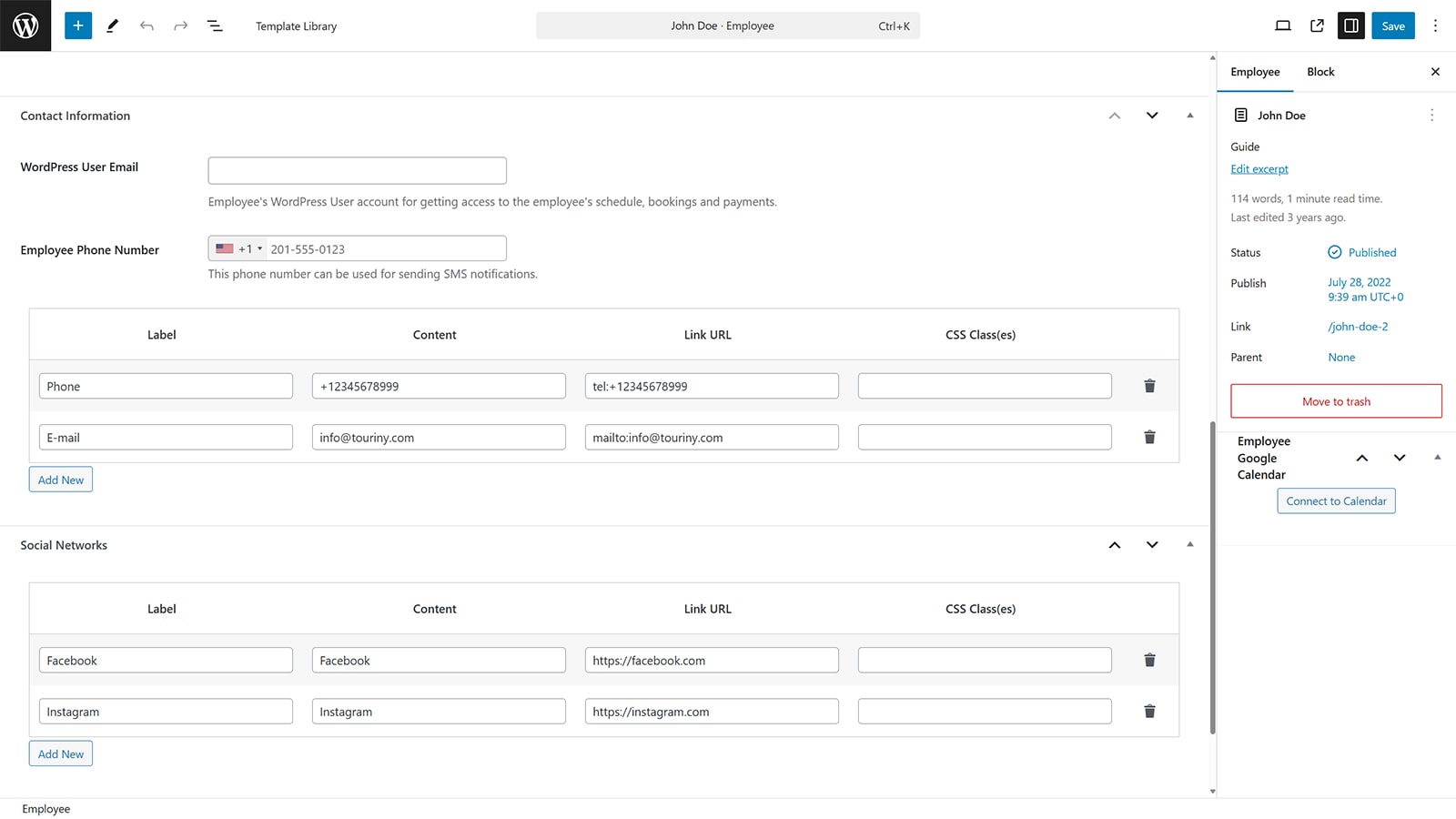 Graphic of setting up the guide page using the Employee tab in the Appointment Booking plugin.