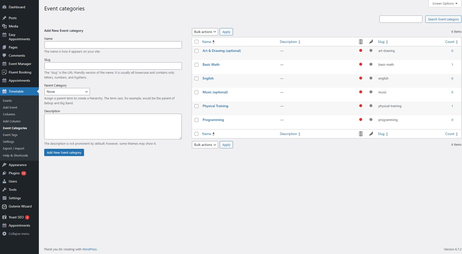 Visual of categories available with MotoPress timetable plugin.