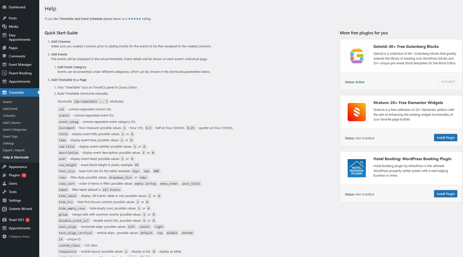 Illustration of shortcode settings supplied with the Timetable plugin.