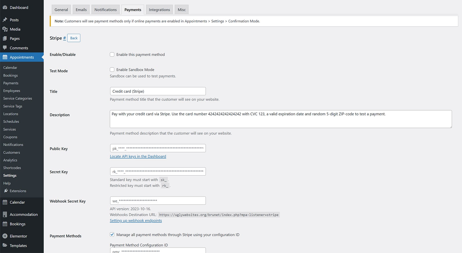 Illustration of setting up the payment integration with Stripe payment gateway.