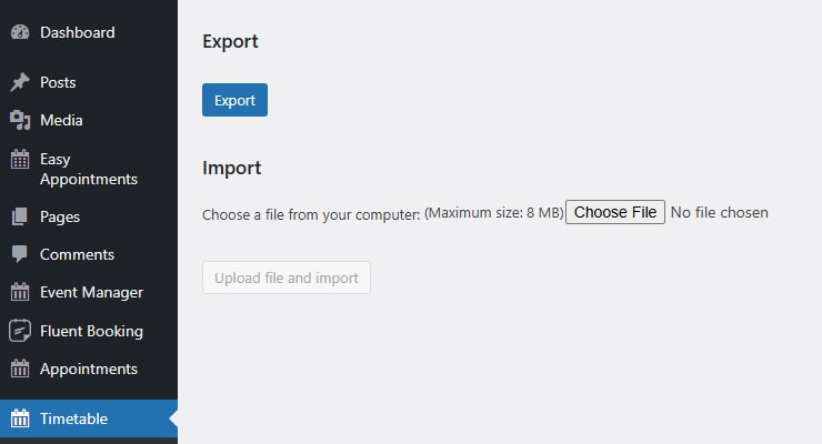 Portrait of the Import and Export form integrated into MotoPress Timetable plugin.