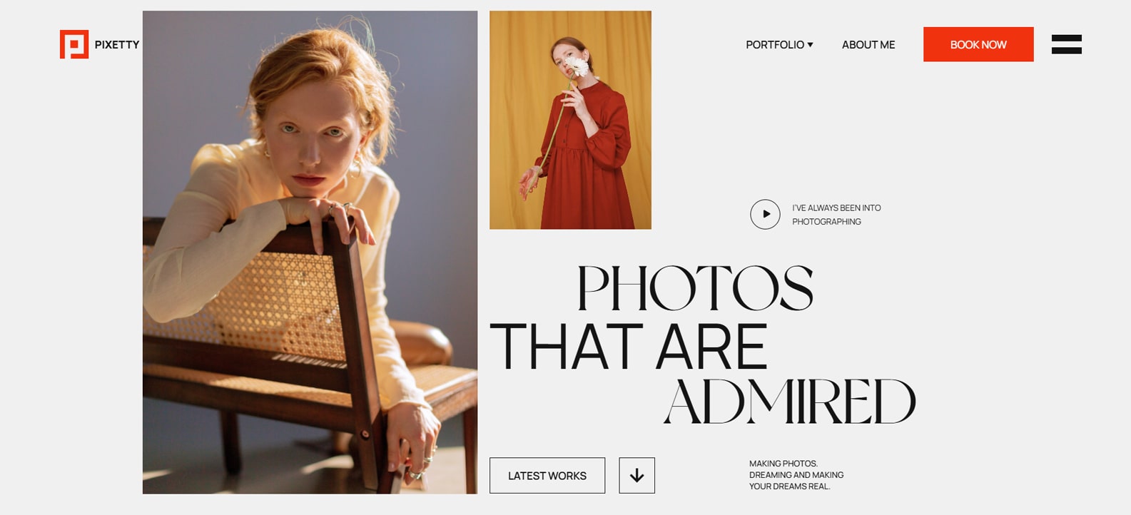 Snapshot of Pixetty, a creative WordPress theme for a fashion portfolio with an integrated appointment booking system.