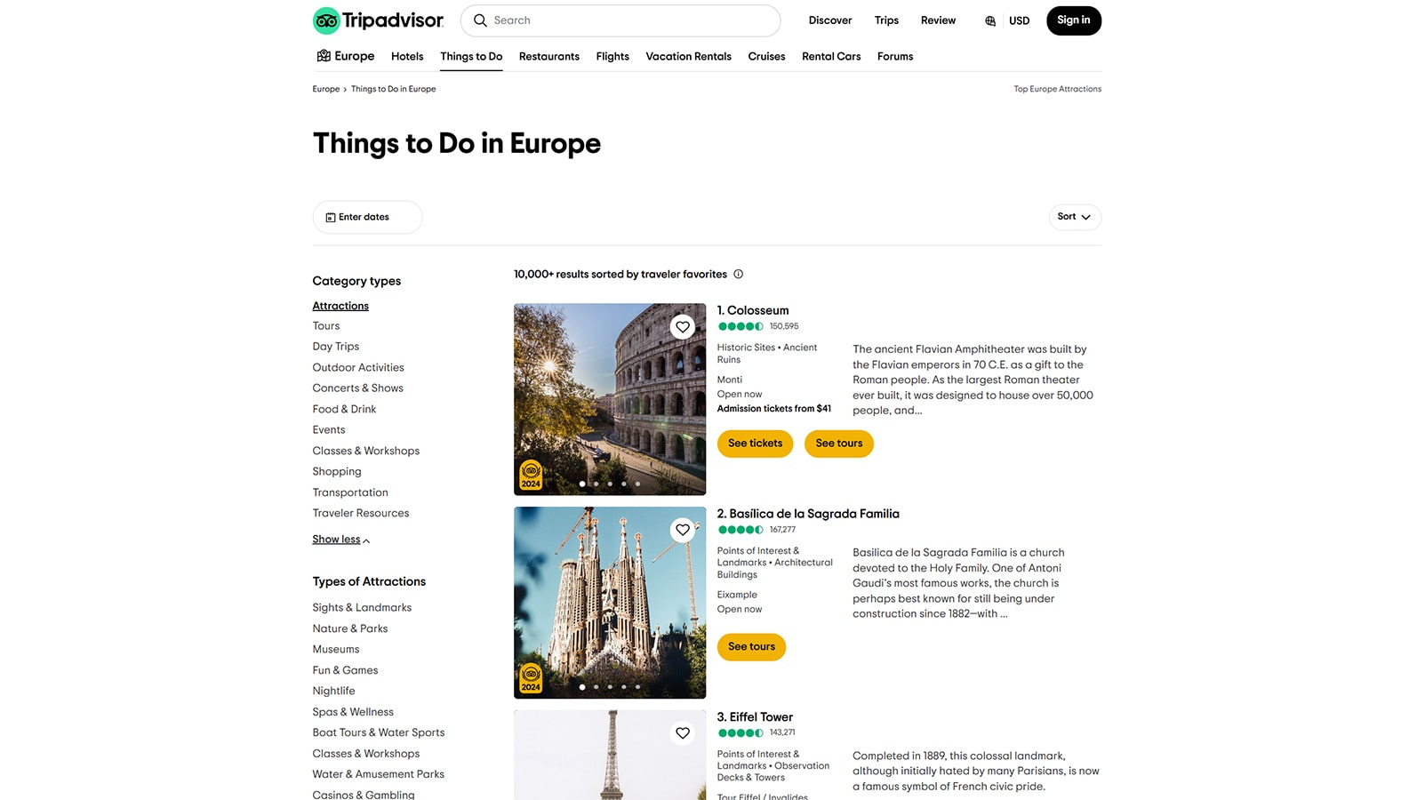 Snapshot of Tripadvisor, a flexible and well-known travel review platform for those looking how to sell tours online.