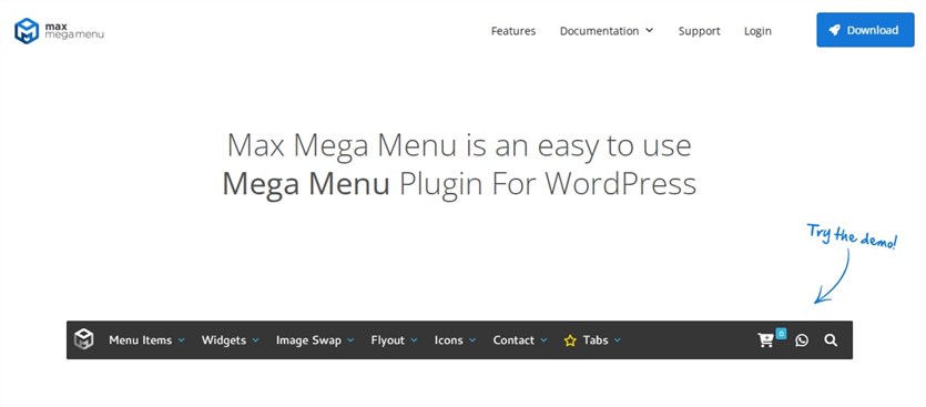 Screenshot of the Max Mega Menu for Elementor homepage.