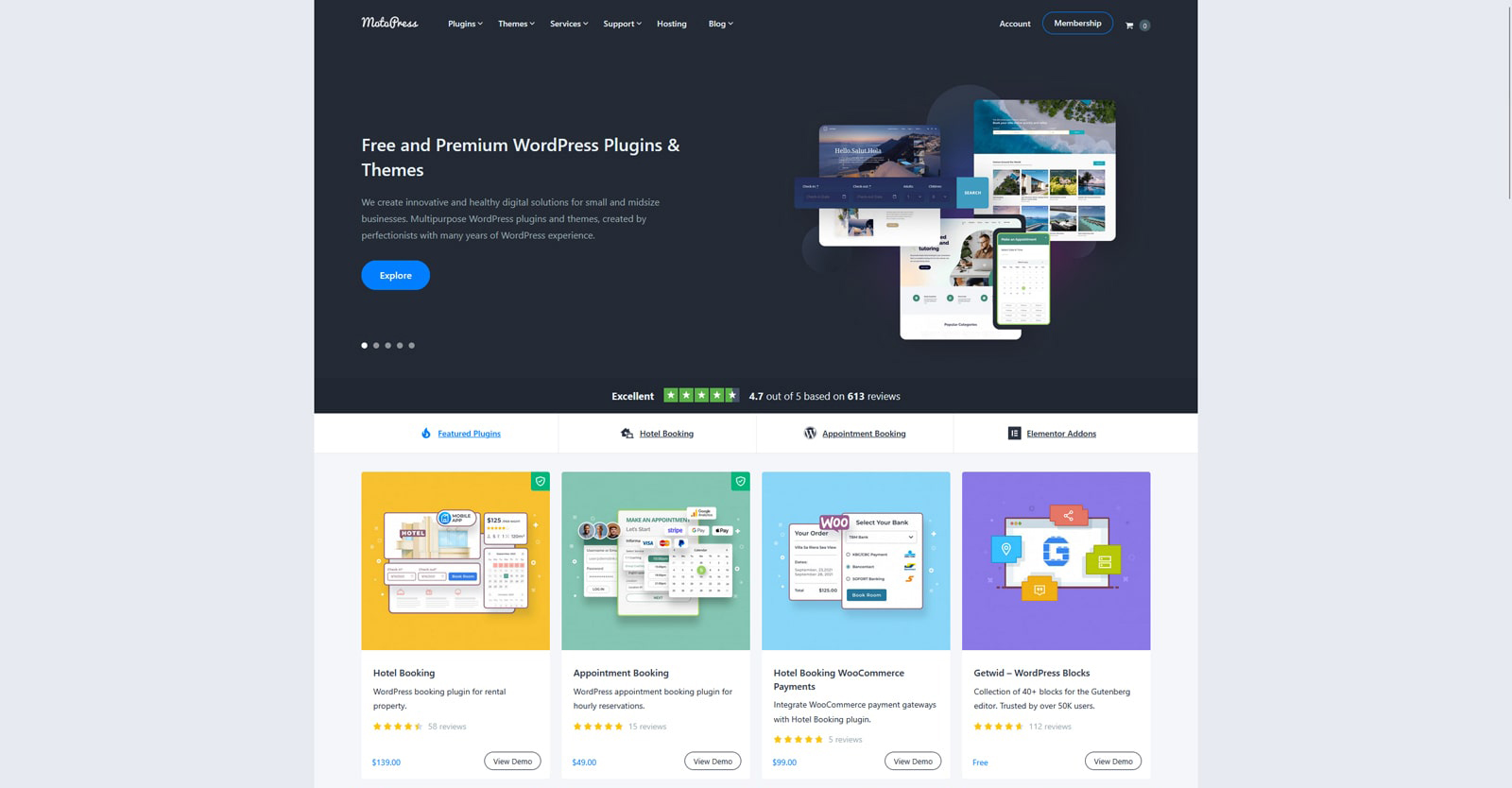 Graphic of MotoPress website, the provider of feature-rich plugins compatible with the Blocksy theme.