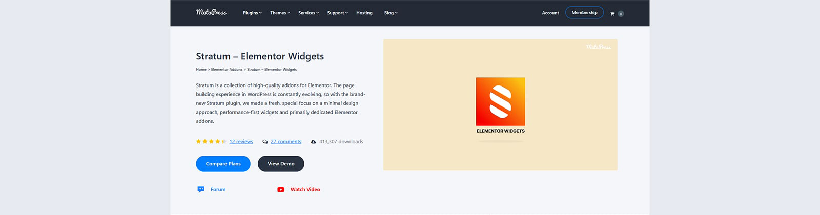 Graphic of Stratum, a free and easy-to-use Elementor add-on offering multiple widgets.