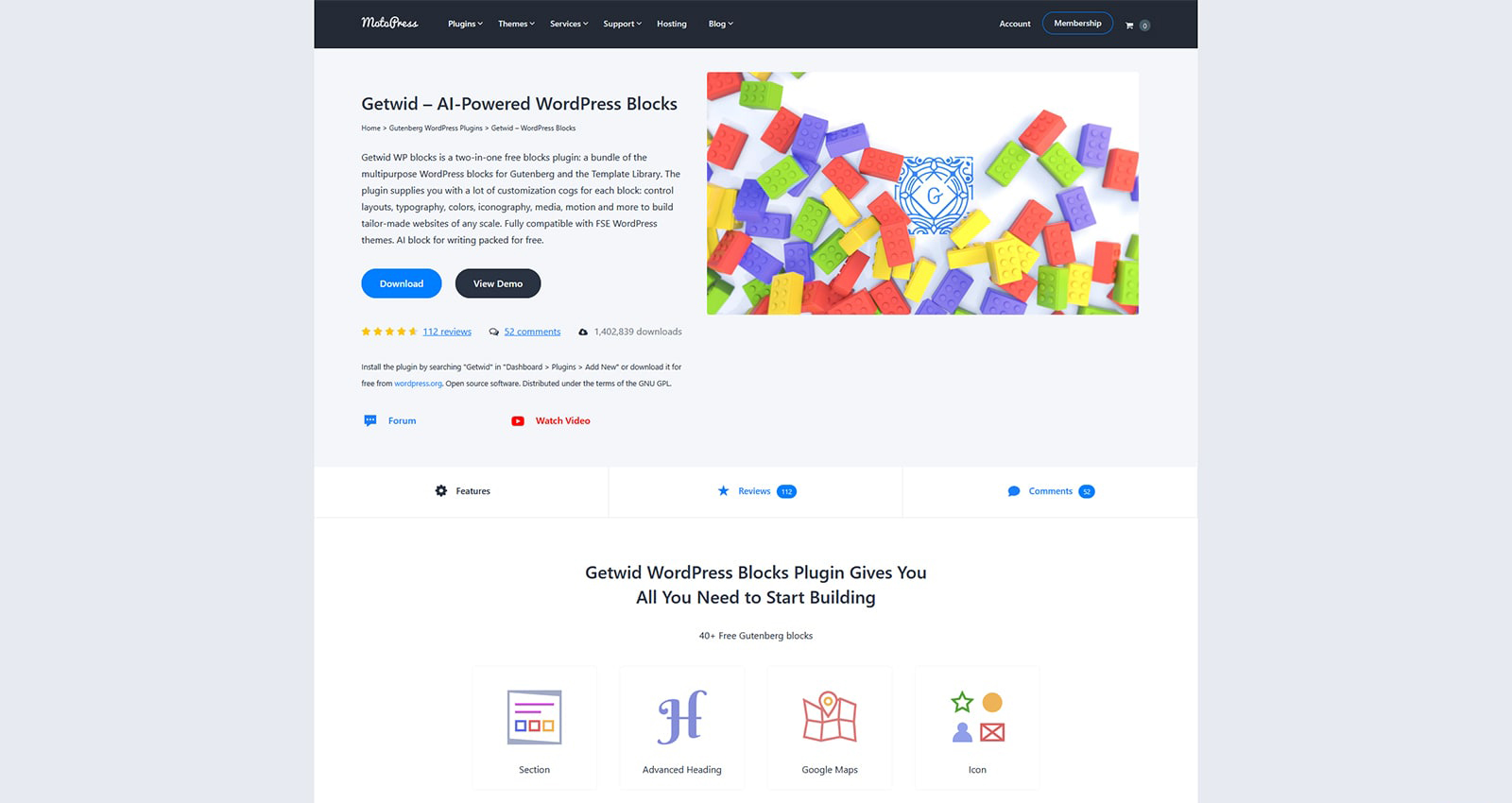 Visual of Getwid, a collection of ready-made Gutenberg blocks that work well with the Blocksy theme.