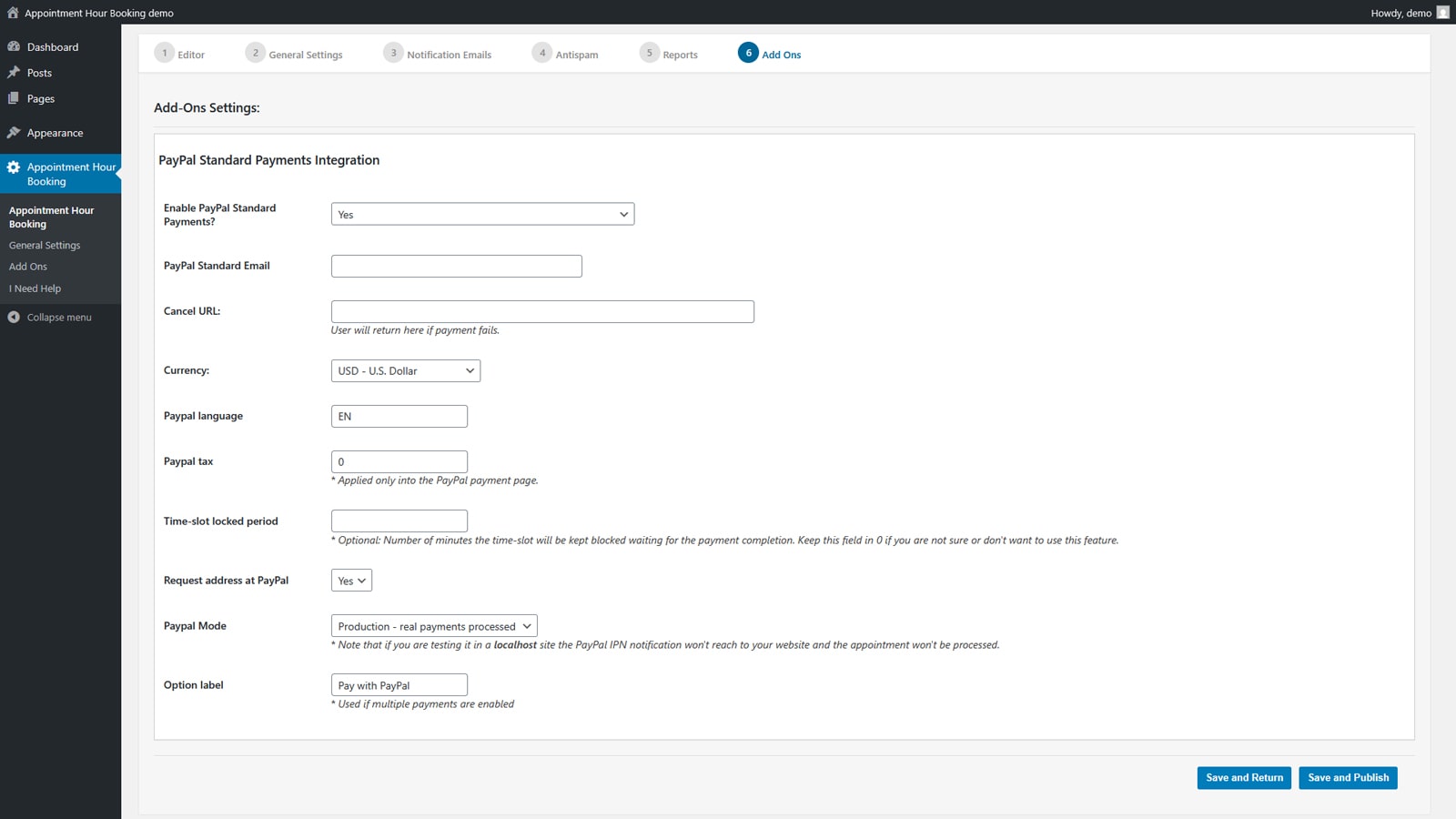 Visual of Appointment Hour Booking dashboard's payment integration settings.