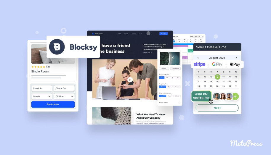 A featured image for the post about the Blocksy theme and MotoPress integration.