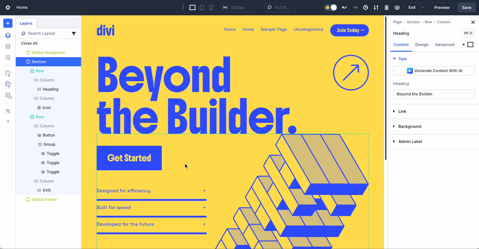 Screenshot of the Divi 5 demo page.