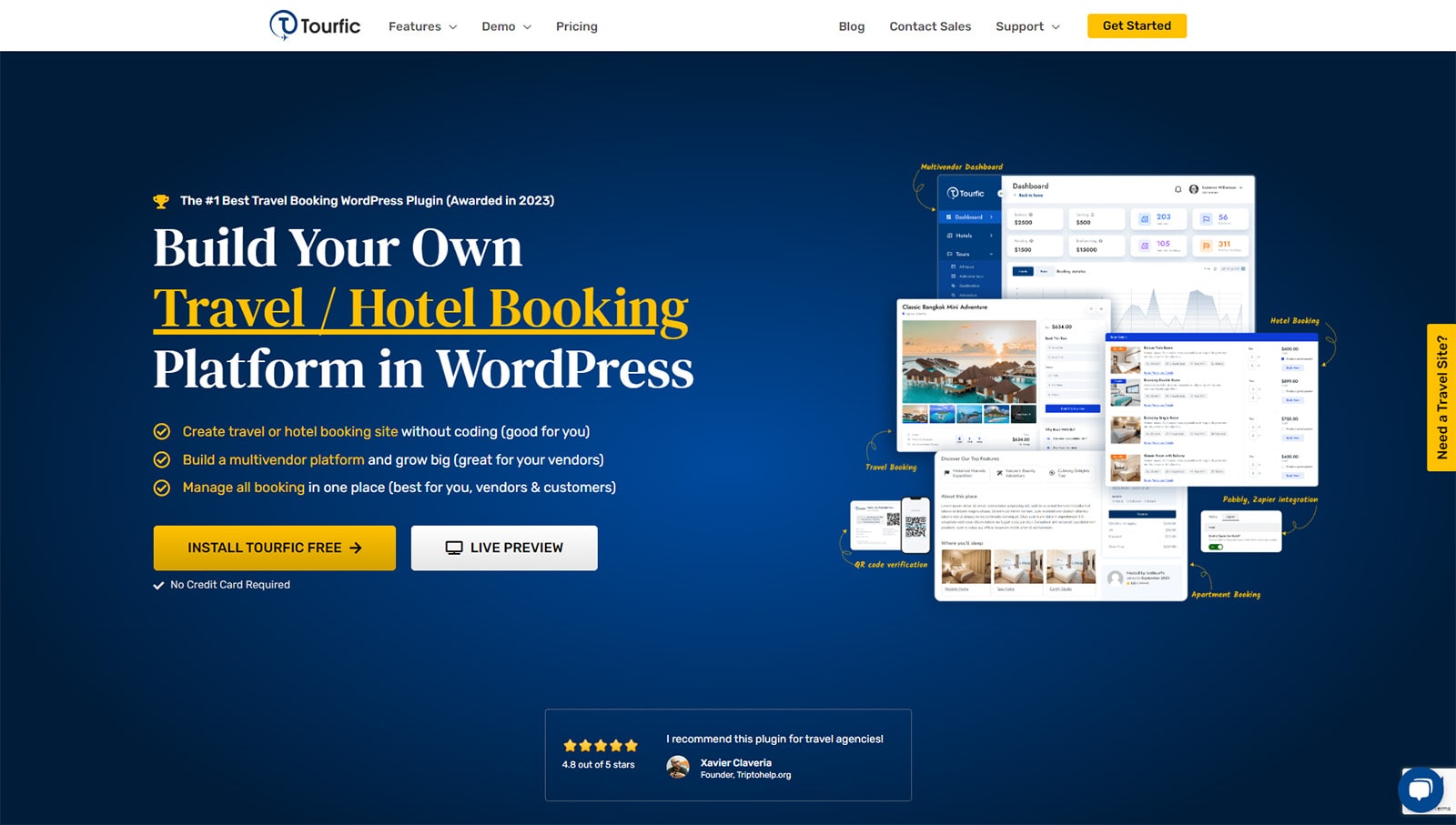 Graphic of Tourfic, WordPress travel booking plugin with a tour itinerary builder.