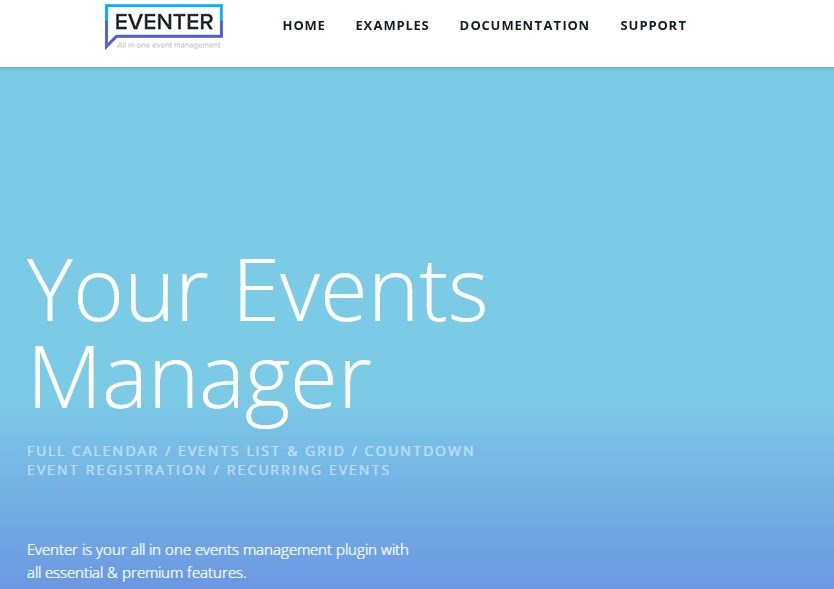 Screenshot of the Eventer demo page in blue and white colors.