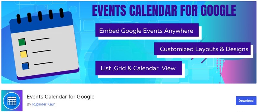 Screenshot of the Events Calendar for Google plugin official website.