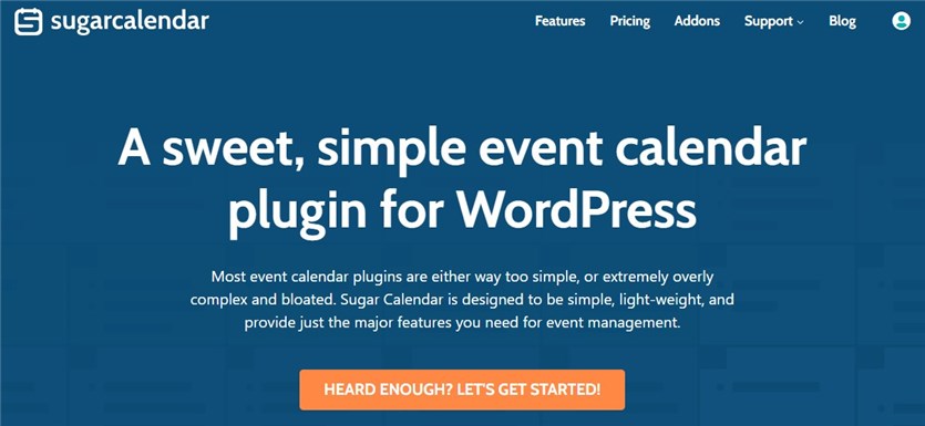 Screenhsot of the Sugar Calendar homepage in blue and orange colors.