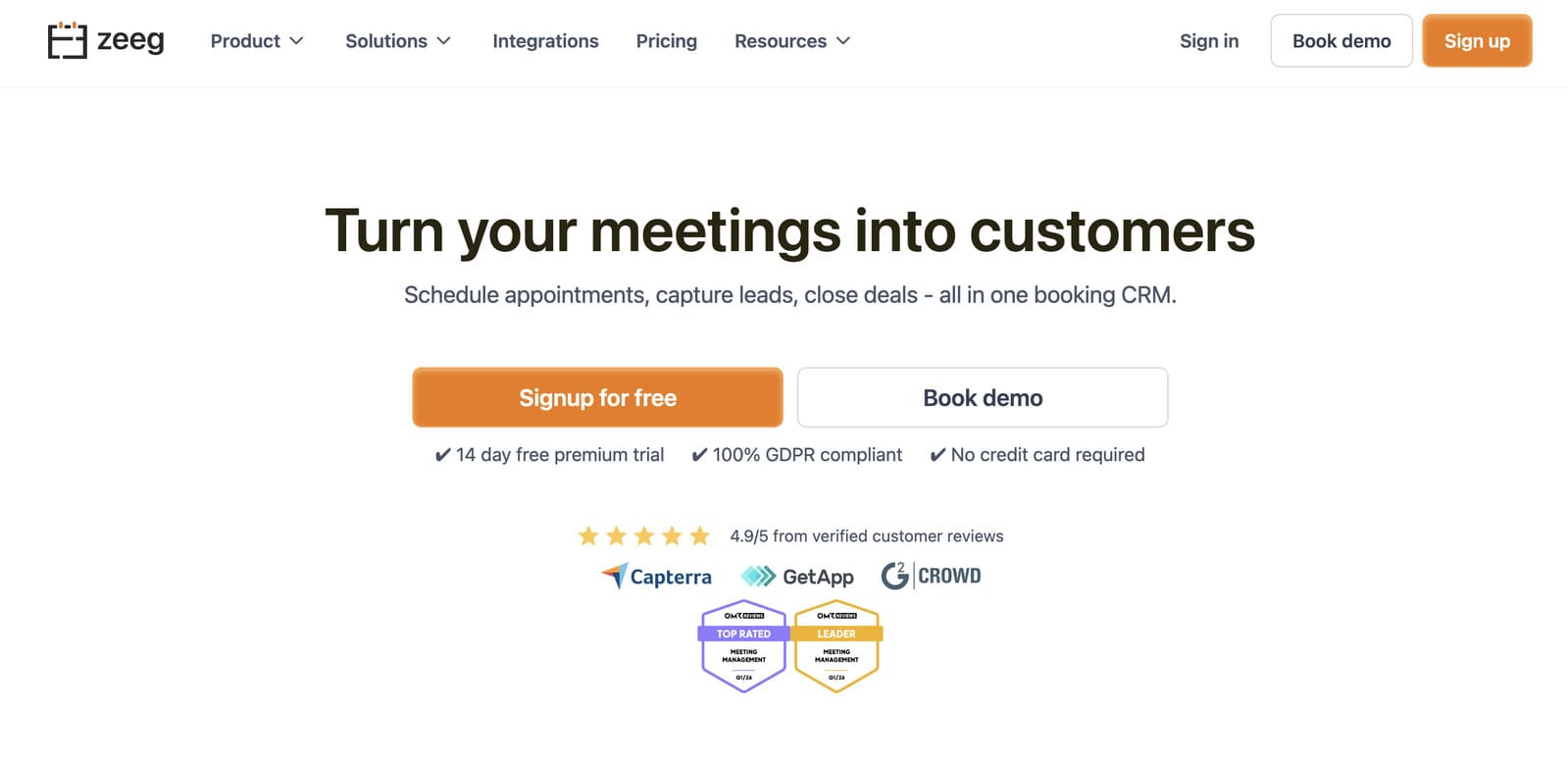 Screenshot of the Zeeg calendaly alternatives homepage.