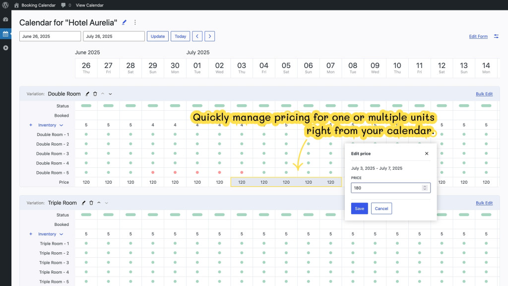 WordPress Booking Calendar - Manage Pricing