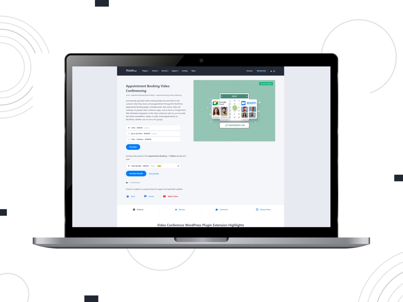 Graphic of MotoPress Appointment Booking Video Conferencing Add-on, a flexible WordPress solution with confirmation reminders.