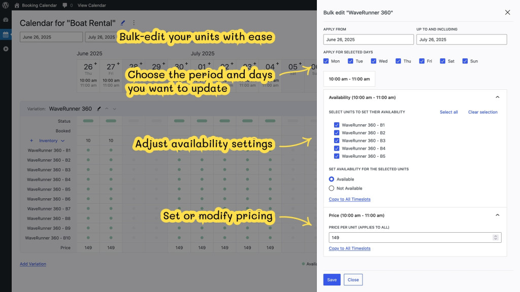 WordPress Booking Calendar - Bulk Edit
