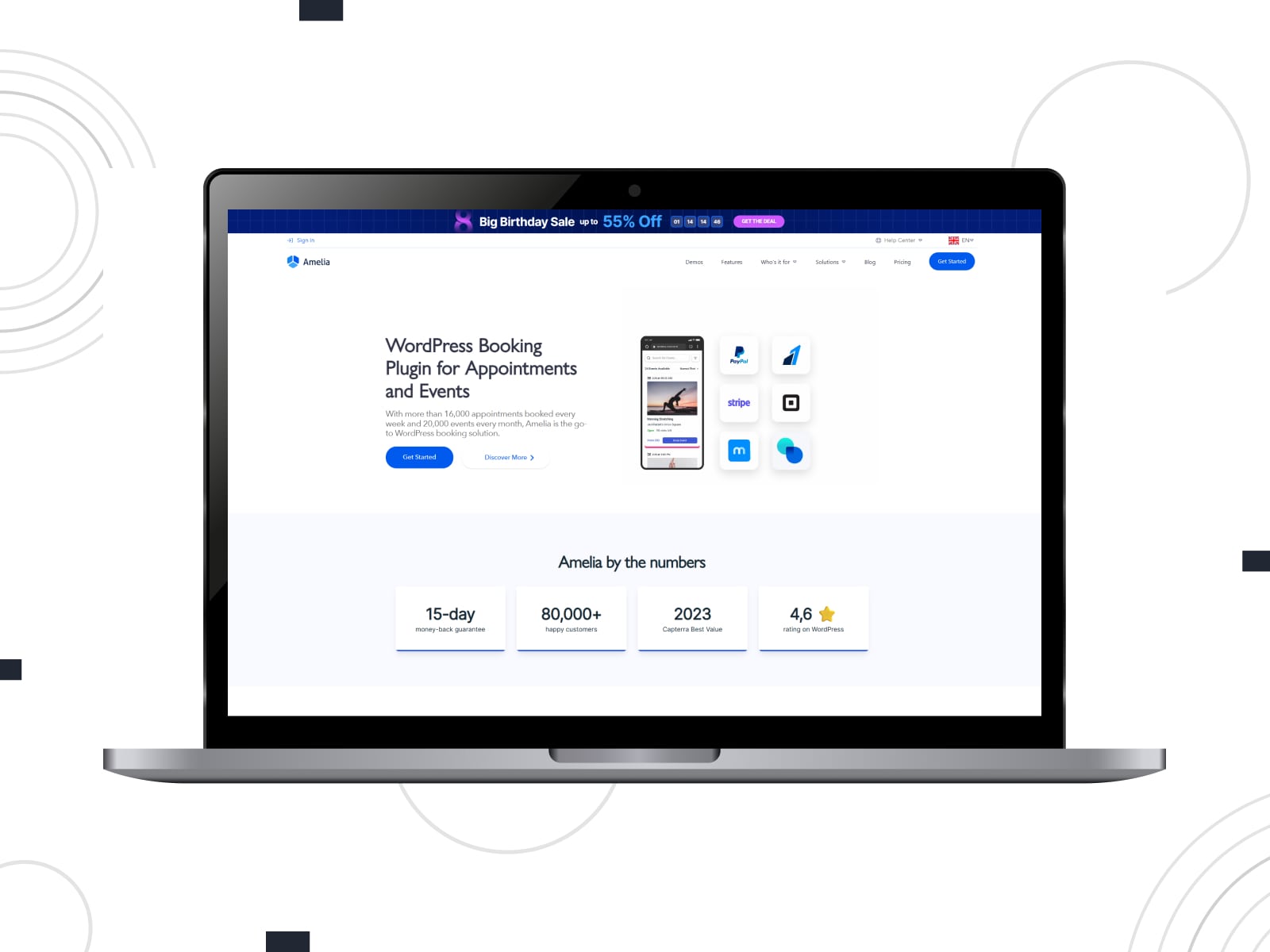 Graphic of Amelia, a Zoom WordPress plugin with a simple and efficient reminder configuration process.
