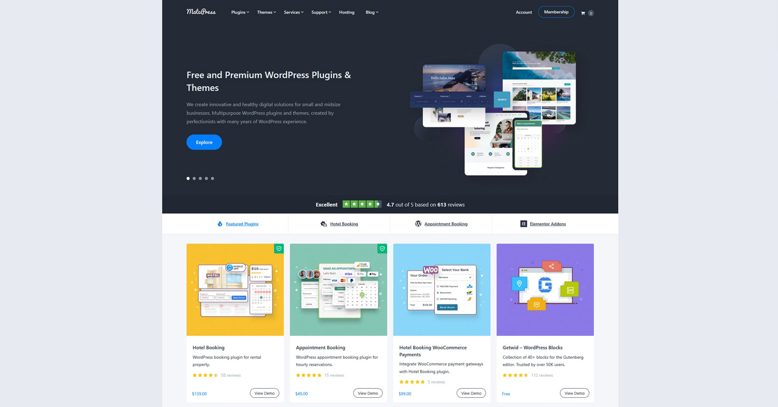 Graphic of MotoPress website, the provider of feature-rich plugins compatible with the Blocksy theme.
