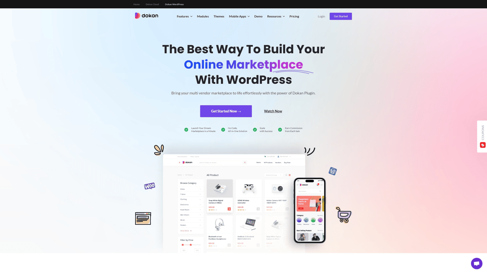 Graphic of Dokan, a user-friendly marketplace plugin for WordPress with product advertisement.