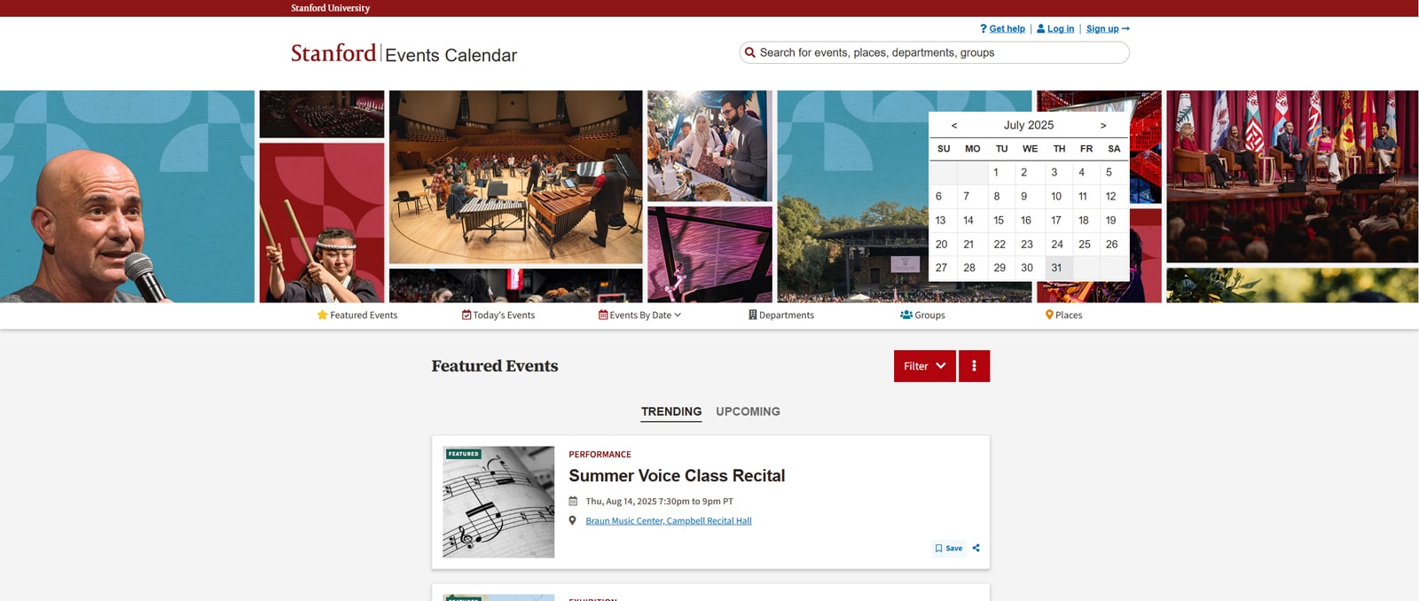 Representation of Stanford University Events Calendar, a widely known online educational website with an interactive calendar view.