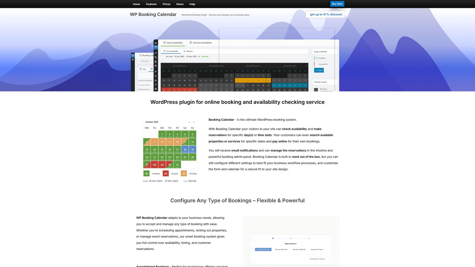 Representation of WP Booking Calendar, a modern booking plugin with user role support with seasonal pricing.