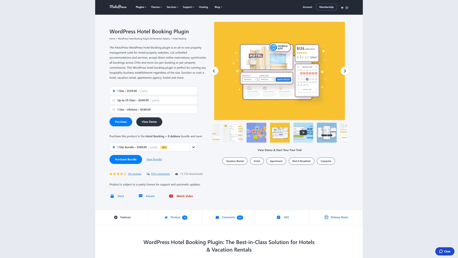 Graphic of Hotel Booking, one of the best multi-vendor WordPress plugins with powerful property management.