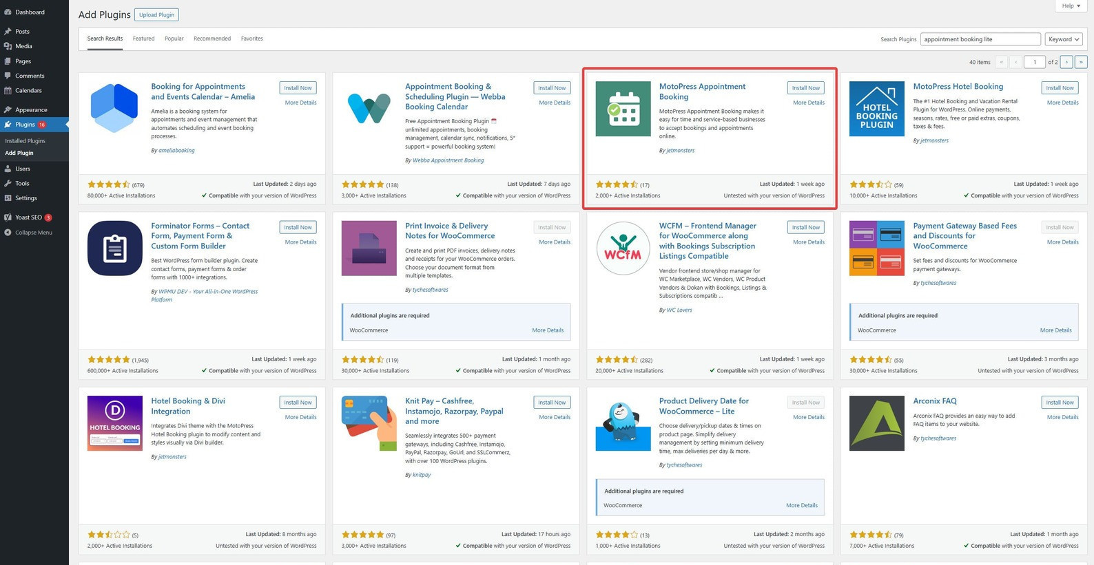 Graphic of WordPress plugin catalog with MotoPress Appointment Booking Lite available for installation.