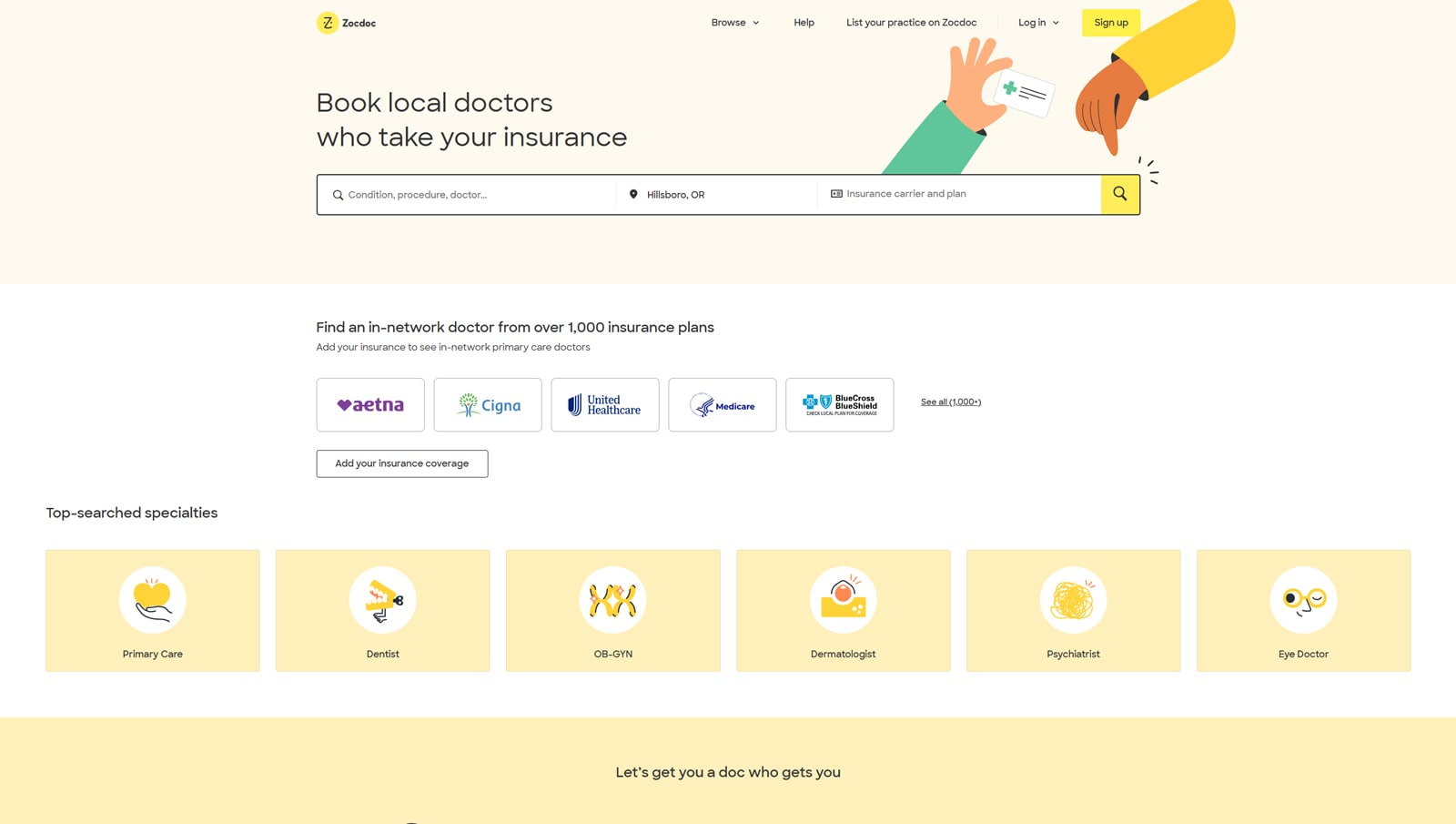 Graphic of Zocdoc, one of the website calendar examples, with a user-friendly doctor search.