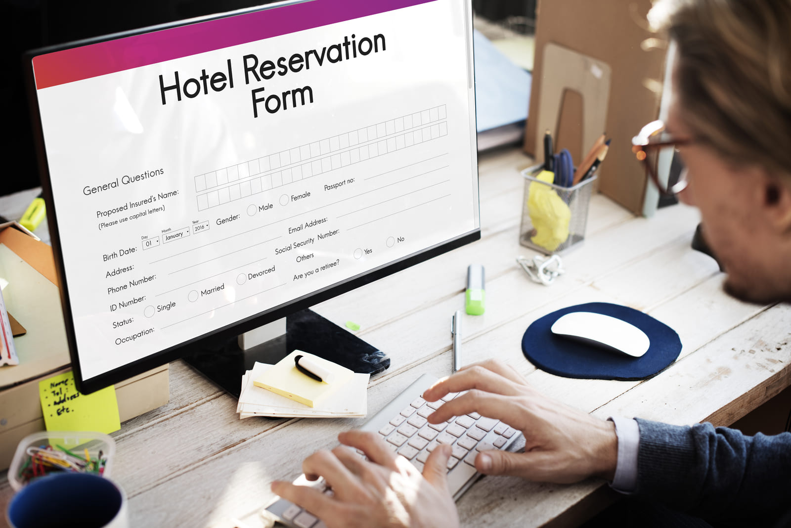 Illustration of a hotel reservation form, filled out online, that can be edited or modified to meet the hotel cancellation policy.