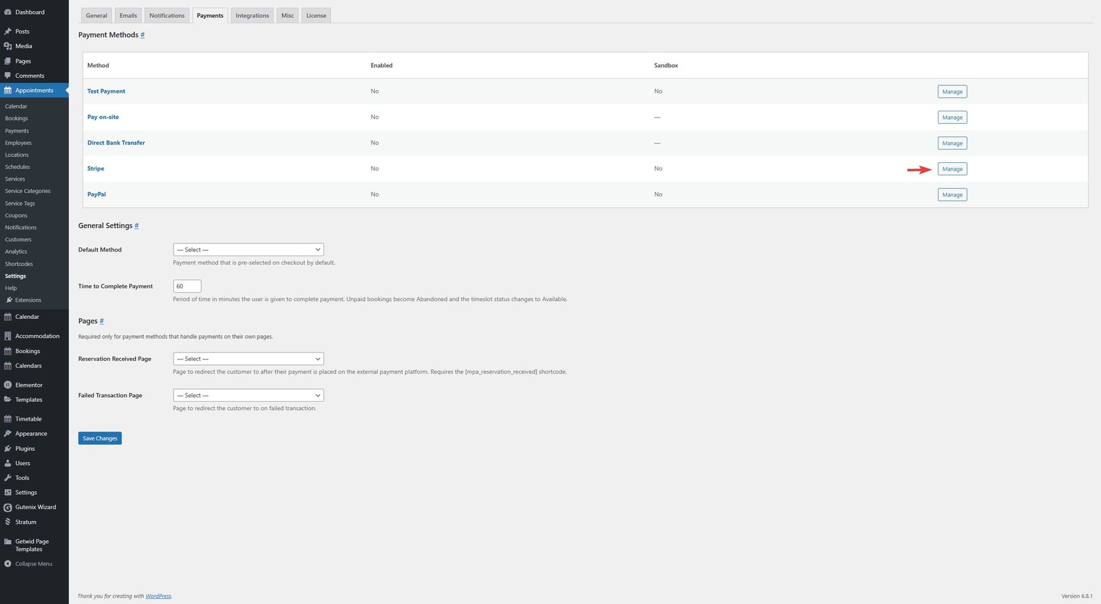Image of Appointment Booking settings page, with Stripe and Apple Pay WordPress configuration supported.