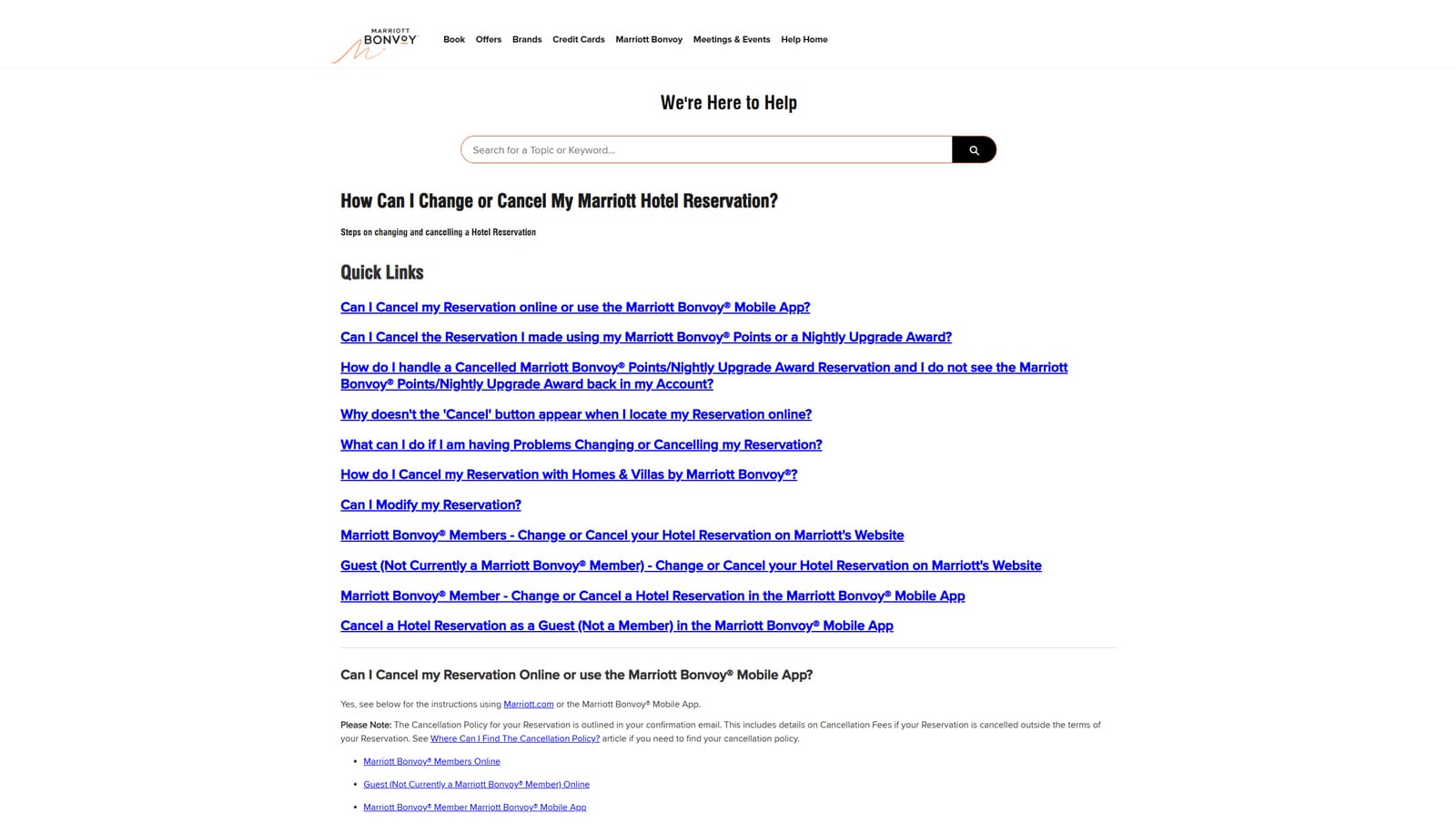 Portrait of Marriott Bonvoy FAQ reflecting the hotel cancellation policy.