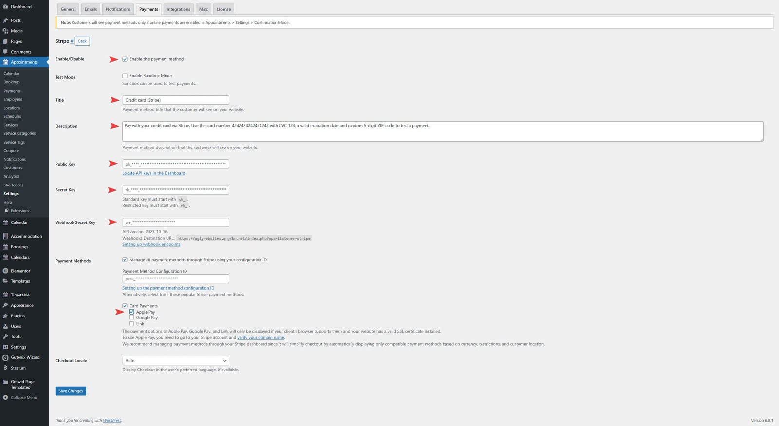 Portrait of Stripe settings page with detailed options and space for API keys.